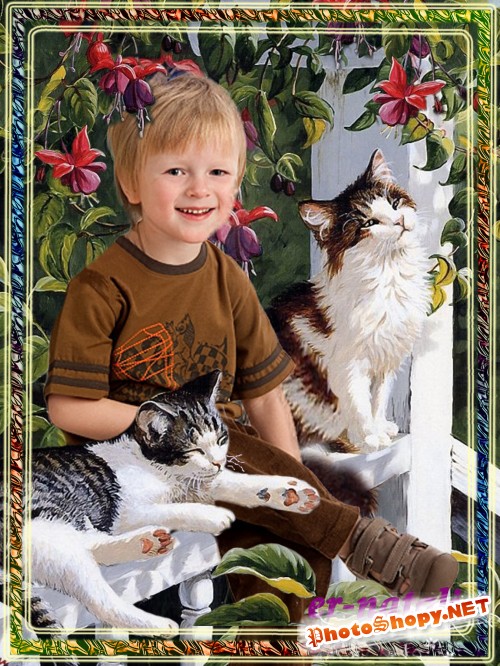 Шаблон для фотошопа "Кошки и фуксии"