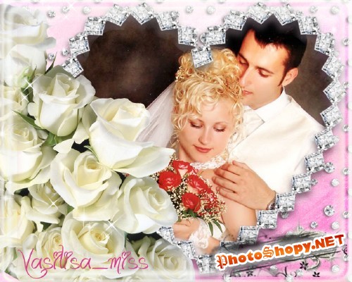 Свадебная рамочка для фотошопа с красивым вырезом и букетом белых роз