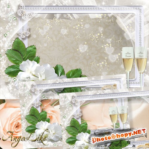 Нежная свадебная фоторамка - Белые цветы, кольца и бокалы шампанского