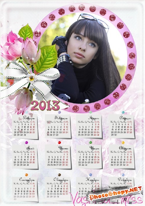 Красивый и нежный календарь для фотошопа с нежной цветочной бутоньеркой