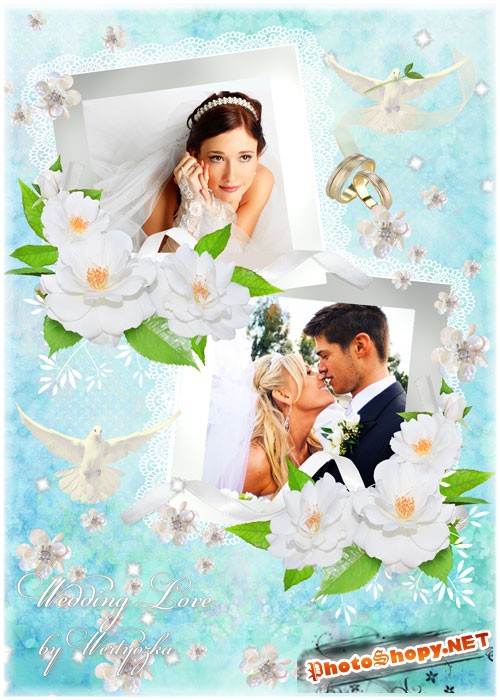 Рамка для фотошопа - Свадебные голуби и белоснежные цветы