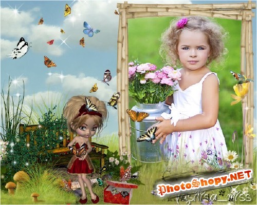 Красочная детская рамочка для фотошопа - Девочка с бабочками