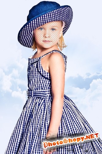 Детский шаблон для фотомонтажа - Девочка в синем платье в клетку и шляпке