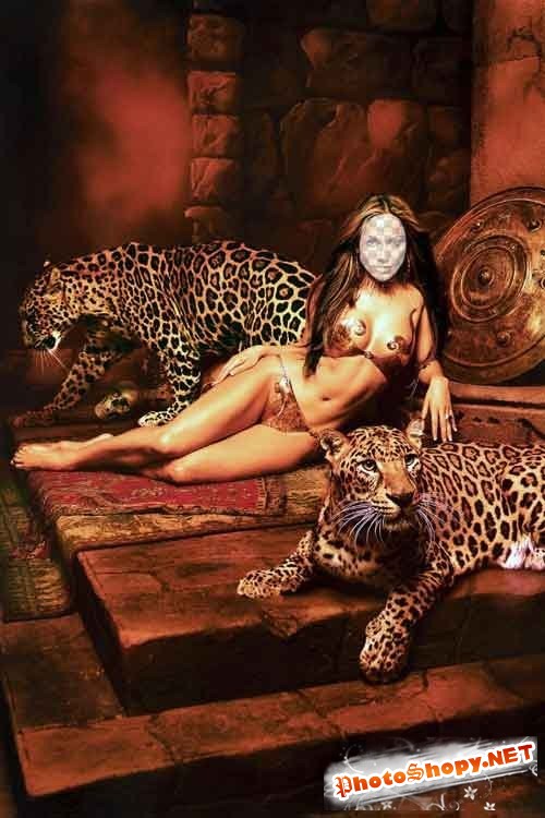 Красивый женский фотошаблон для Photoshop - С леопардами