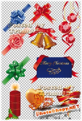 Рождественский Клипарт в Psd – Банты, свеча, ленты, шары, колокольчик