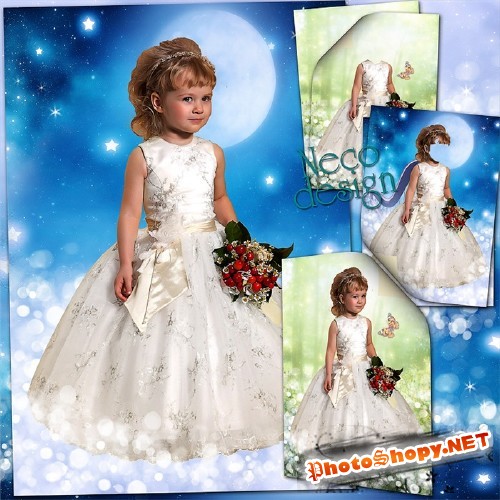 Детский шаблон для маленькой девочки в белом платье с букетом - Среди звёзд