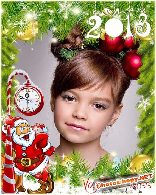 Красивая новогодняя рамочка для фотошопа с ёлочными веточками, игрушками и дедом морозом - 2013