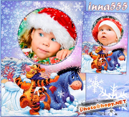 Детская зимняя фоторамка с героями мультфильма Винни Пух - Давайте поиграем в снежки