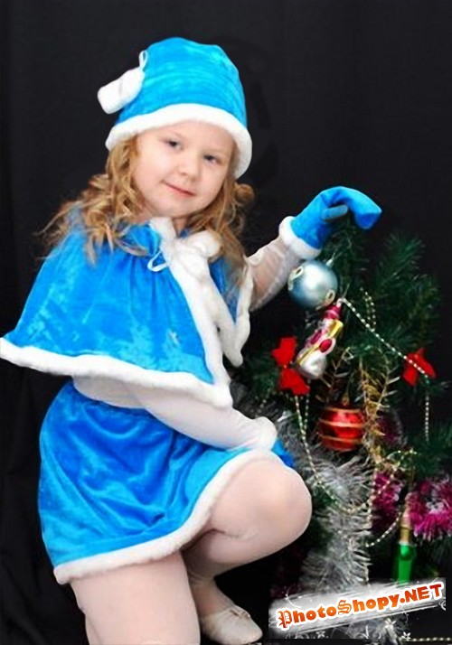 Детский новогодний шаблон для фотошопа - Снегурочка в голубом костюме