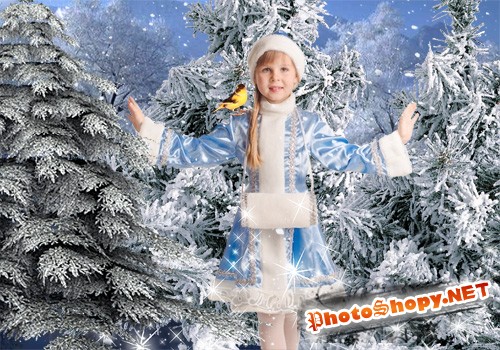 Детский новогодний шаблон для фотошопа - Лесная Снегурочка
