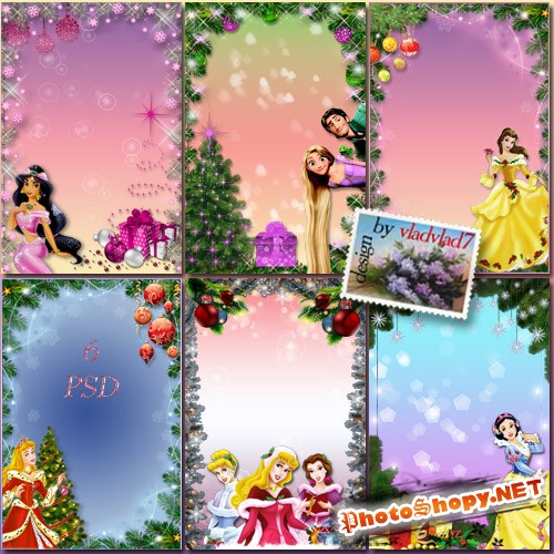 Коллекция праздничных рамок для Photoshop девочкам - Принцессы Диснея и волшебство Нового года