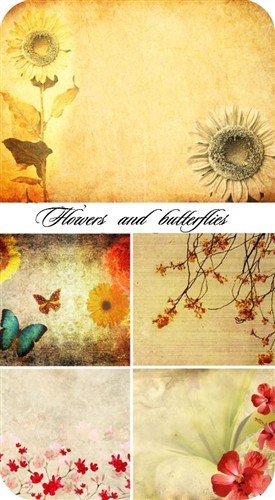 Подсолнухи цветы и бабочки (гранжевые фоны HQ)