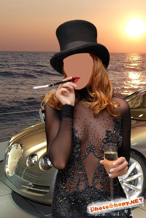 Женский шаблон - Девушка с сигарой шампанским возле машины