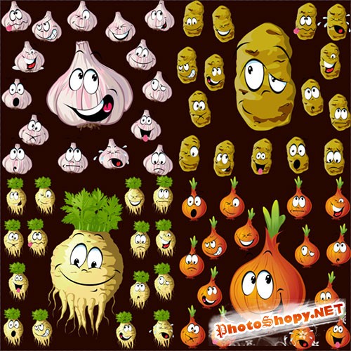 Клипарт - Овощи чеснок лук редька картофель с выражениями эмоций прозрачный фон