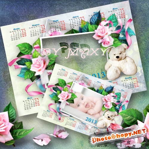 Календарь на 2013 год с детской игрушкой - Мишка и розы
