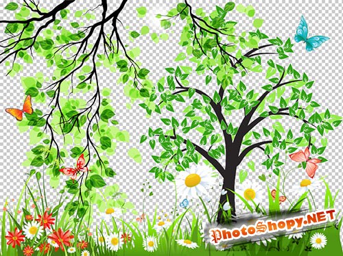 Клипарт - PSD растительность природы деревья ветки трава с цветами прозрачный фон