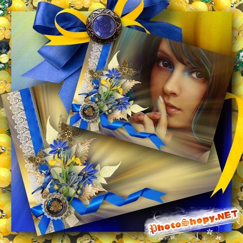 Цветочная с рамка с бабочками-брошками и синими лентами для фотошопа