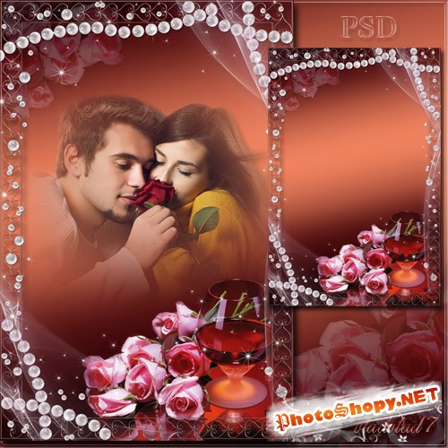 Романтическая рамка для Photoshop - Россыпь жемчуга и розовые розы