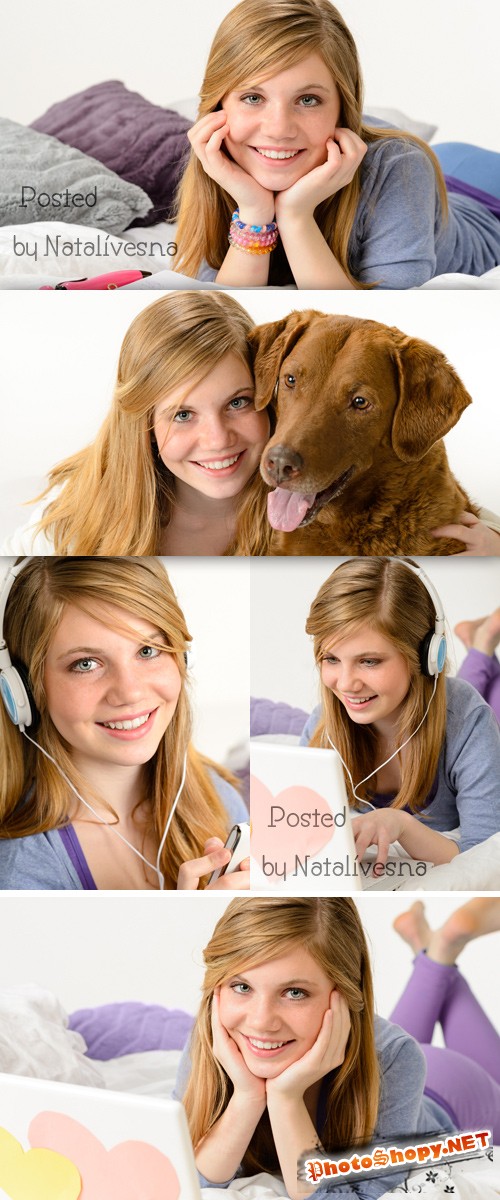 Молодая девушка с ноутбуком и собакой / Girl and Dog- Stock photo