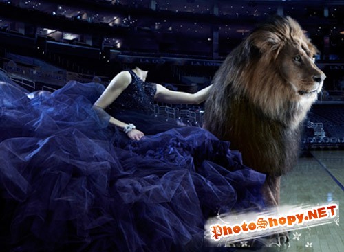 Шаблон для фото - Барышня в шикарном платье со львом