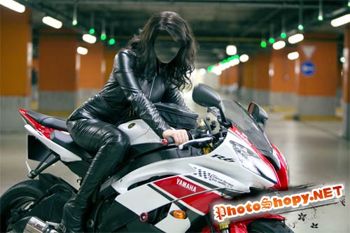 Шаблон для photoshop - Девушка на хорошем мотоцикле в черном костюме