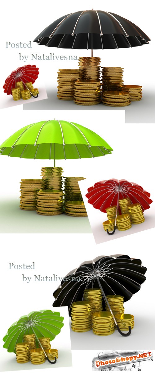 Зонтики и золотые монеты на белом фоне / Umbrellas and gold coins - Stock photo