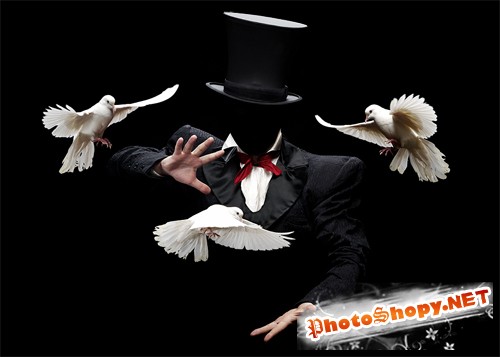 Шаблон для фотомонтажа - Фокусник-иллюзионист с голубями