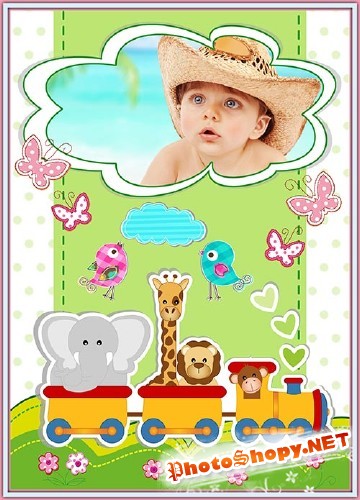 Детская фотошоп рамка паровозик с весёлыми зверюшками