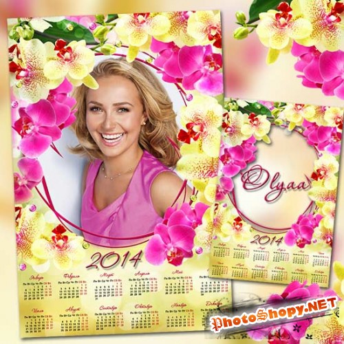 Цветочный календарь с розовыми и желтыми орхидеями на 2014 год