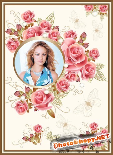Фотошоп рамка с красивыми розами с жемчугом и бабочками