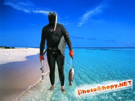 Шаблон для мужчин-аквалангист на берегу моря с уловом