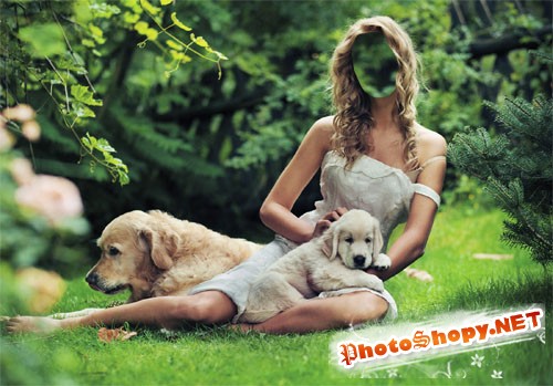 Шаблон для фотомонтажа - Блондинка на лужайке с красивыми лабрадорами
