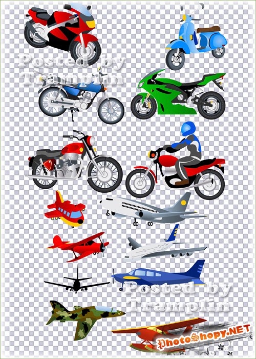 Клипарт в Psd – Нарисованные мотоциклы и самолеты