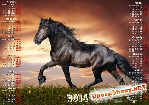 Календарь - Скачущая черная лошадка на закате