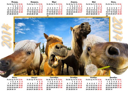 Календарь 2014 - Улыбающиеся четыре лошадки