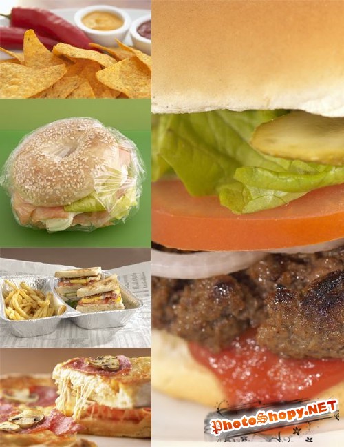 Фастфуд: гамбургер, бутерброд, пицца, хлопья, картошка фри и др.