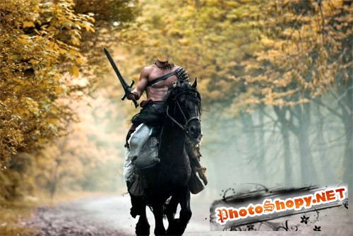 Шаблон psd мужской - Мужественный воин с мечом на лошади