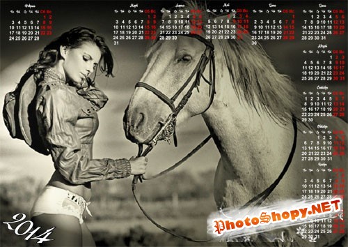 Календарь 2014 - Бело-черный постер девушка с конем