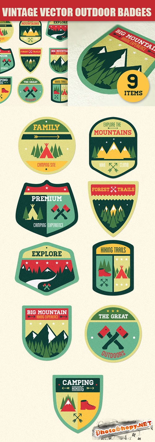 Vintage Outdoor Camp Badges Vector Elements Pack 1