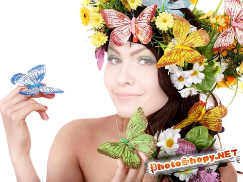 Шаблон для фотошоп - Брюнетка в ярком веночке с бабочками