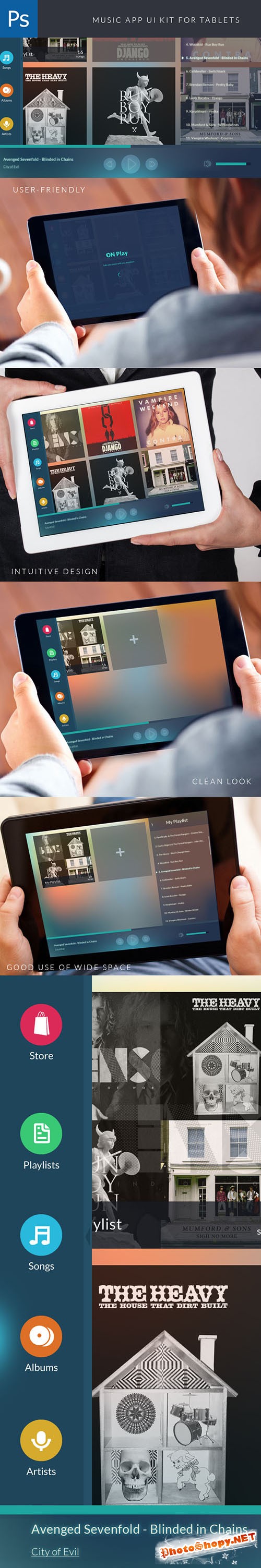 Music App User Interface for Tablets PSD Template