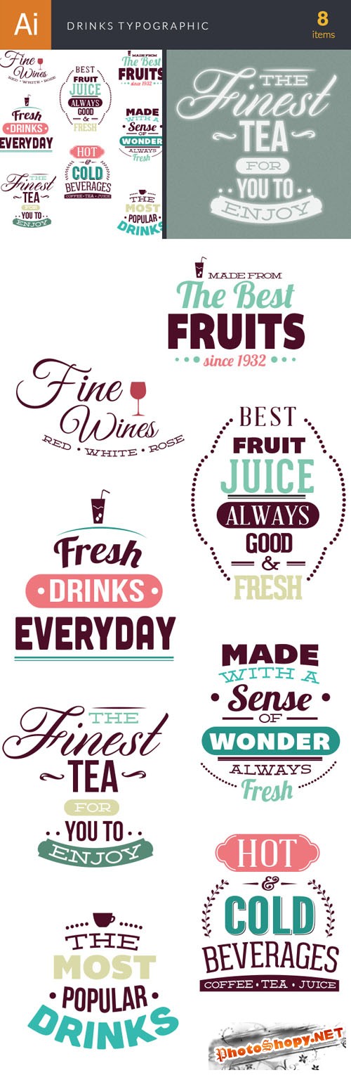 Drinks Typographic Vector Illustrations Pack 2