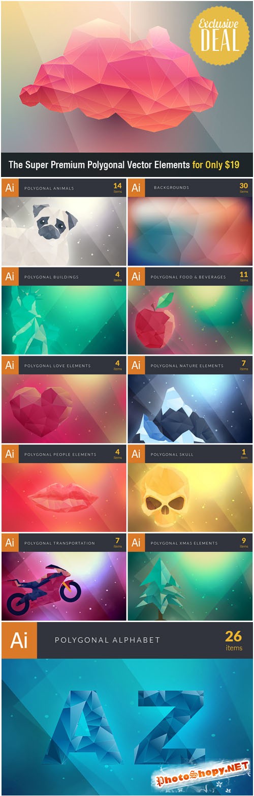 Super Premium Polygonal Vector Elements with an Extended Royalty License - Only $19 - InkyDeals