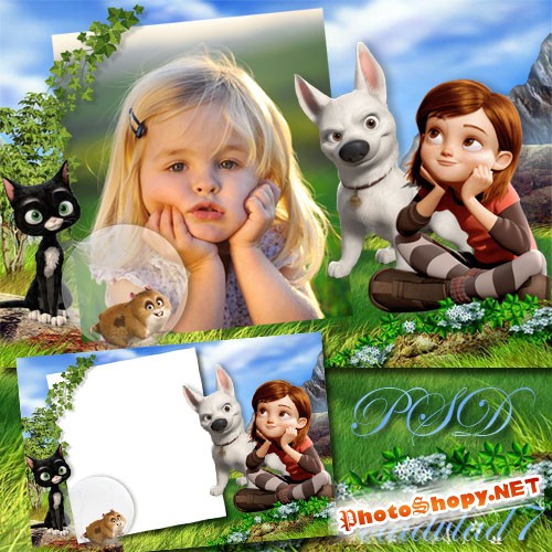 Детская рамка для фотошопа с персонажами мультфильма Вольт - На природе