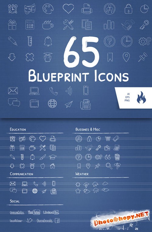 CreativeMarket - 65 Blueprint / Sketched Icon Set
