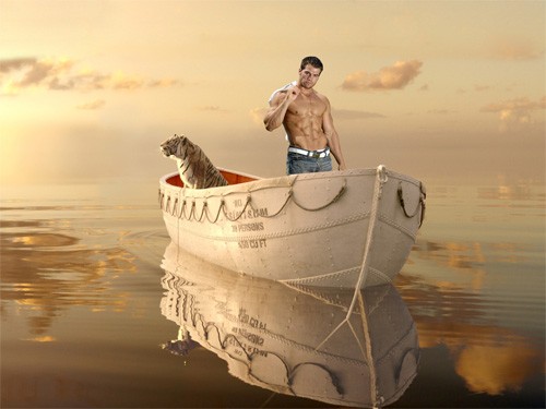 Шаблон для Photoshop - На лодке рядом с тигром