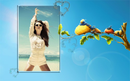  Рамка для фотошоп - Веселые птички на ветке 