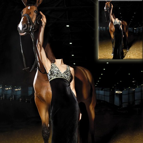 PSD шаблон для девушек - В красивом наряде рядом с лошадью