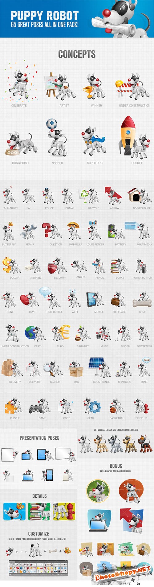 Puppy Robot Cartoon Character Vector Illustrations