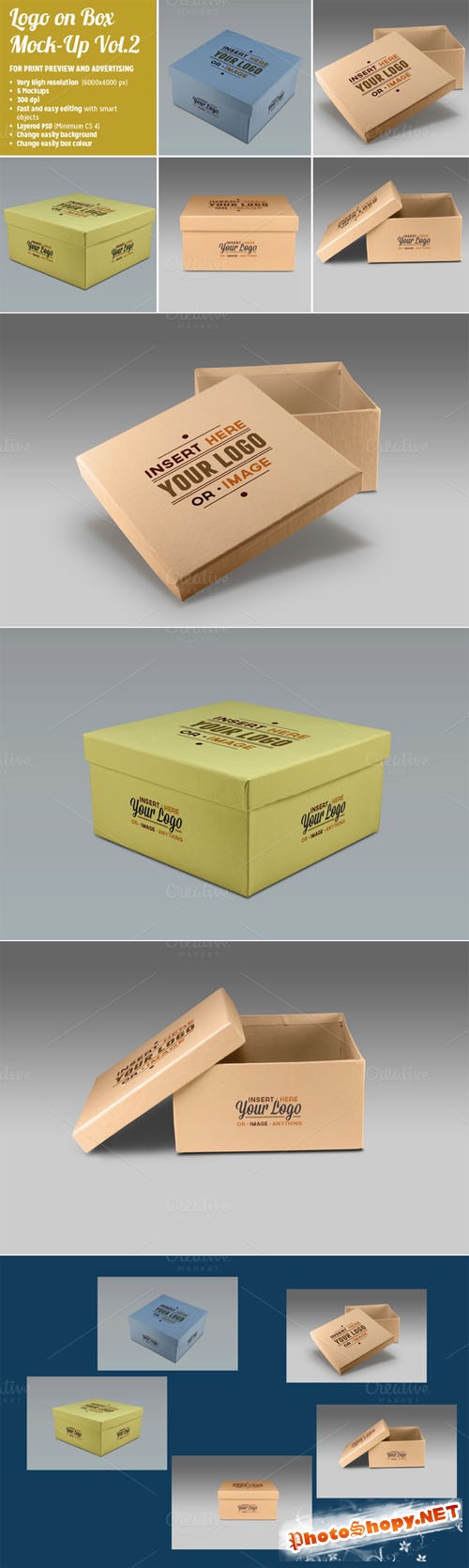 CreativeMarket - 5 Photorealistic Logo on Box Mockups